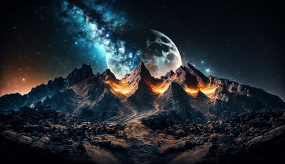 Beautiful Starry Night, Colorful Sky and Majestic Mountains under the Milky Way Galaxy, natural landscape background
