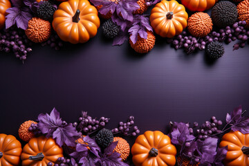 Fall Halloween pumpkins gourds and leaves flat lay, purple and orange, banner, background, copyspace, top down view, seasonal decor