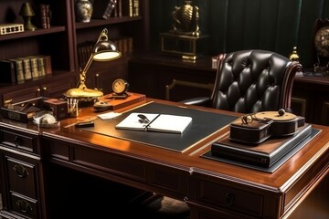 A desk with a chair and a lamp on it