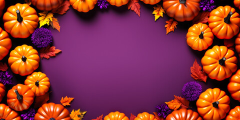 Fall pumpkins gourds flat lay frame, orange and purple, banner, background, copyspace, top down view, seasonal decor