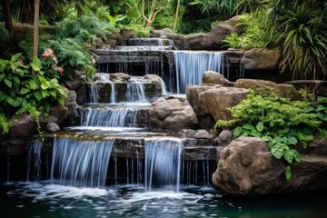 Naklejka premium A waterfall in the middle of a tropical garden
