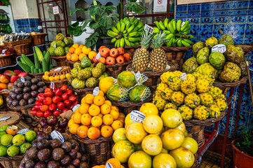 Variety of tropical fruits on display at the market.