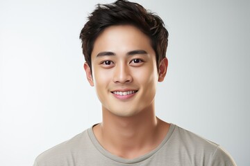 Radiant and cheerful Asian young man showcasing a warm smile against a clean, white background