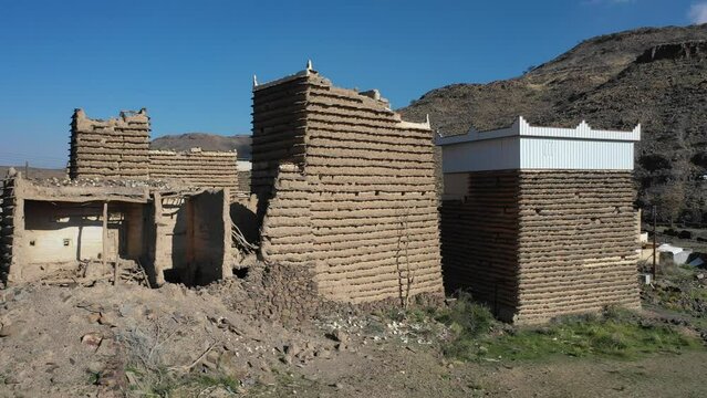 Aerial view of stone and mud houses  Sarat Abidah  Saudi Arabia