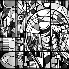 Abstract pattern of a black and white stylized drawing, in the style of deconstructed objects, stained glass