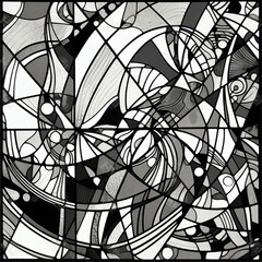 Abstract pattern of a black and white stylized drawing, in the style of deconstructed objects, stained glass