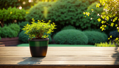 oung plant in pot on a wooden table top on blur background of green garden park with bokeh sunlight,