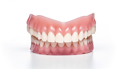 Aesthetic Dentistry of denture. Front view of complete denture isolate on a blue background.  Generative Ai