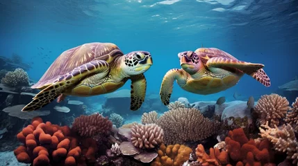 Fotobehang Two green sea turtles swimming over a coral reef © Cloudyew