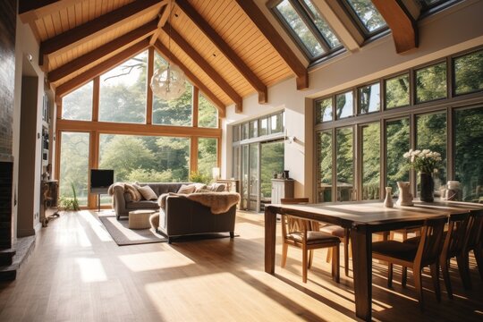A large open living room with a wooden ceiling