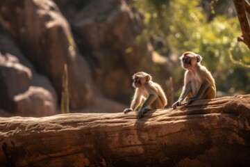 A couple of monkeys sitting on top of a log