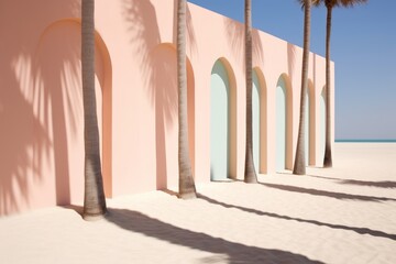 A row of palm trees next to a pink wall