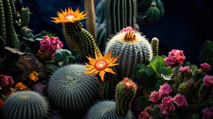 Obraz premium A group of cacti and other plants in a garden