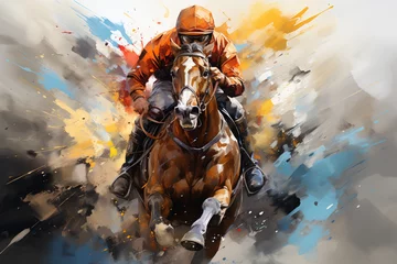 Fotobehang Abstract racing horse with jockey from splash of watercolors on white background Illustration of paints Generative AI © abdulmoizjaangda