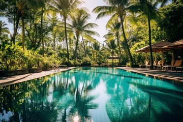 A swimming pool surrounded by palm trees and umbrellas