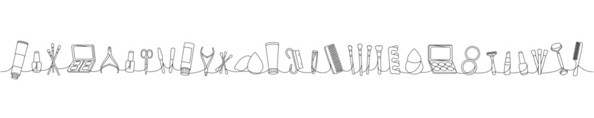 Makeup tools one line continuous drawing. Cosmetic cream, brushes, nail polish, sponge, hair comb, massage roller one line continuous illustration.