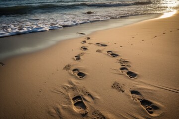 Fototapeta na wymiar Footprints in the sand of a beach at sunset