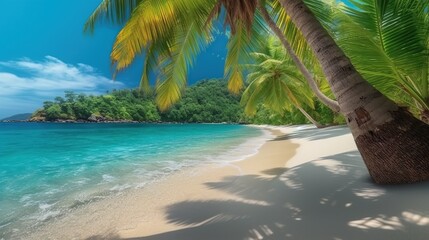 Beautiful sunny beach, tropical island with palm trees, turquoise water and bright blue sky. Summer vacation concept. Sea sandy coast. Outdoor background. Ocean shore.