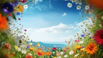 Beautiful sunny field full of different flowers. Round floral border or frame. Sunny meadow with wildflowers. Outdoor background with blue sky and copy space.