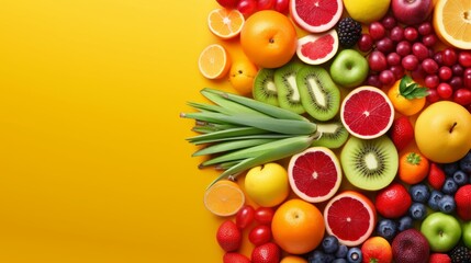 A bunch of different types of fruit on a yellow background