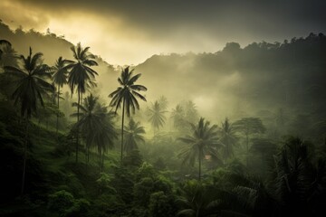 A forest filled with palm trees under a cloudy sky
