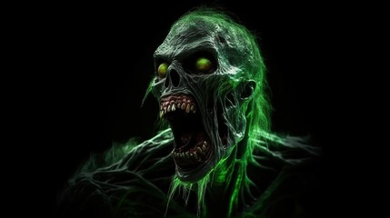 Cinematic green radiated zombie mouth open angry full shot full body green glowing eyes yelling looking to the side 