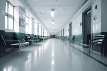 Fototapeta na wymiar Clinical Environment. Blue Interior of a Hospital Corridor