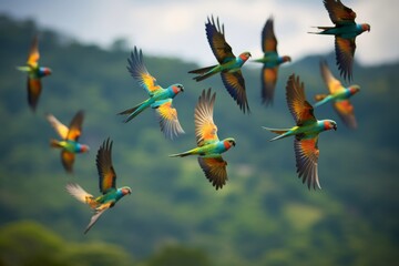 A flock of colorful birds flying through the air