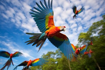 A group of colorful birds flying through a blue sky