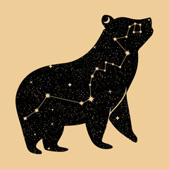 Beautiful universe bear silhouette with Hydra constellation, moon, stars. Magic, astronomy, astrology concept. Tarot card style vector illustartion. For logo, poster, postcard, business card.