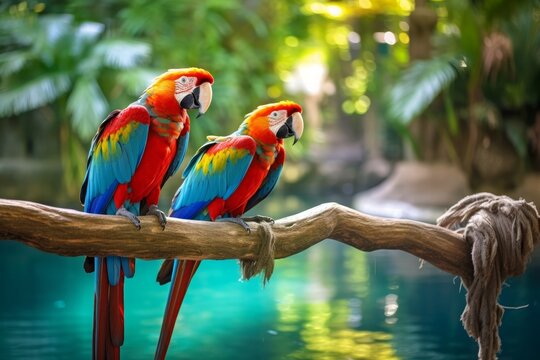 Two colorful parrots sitting on a branch next to a body of water
