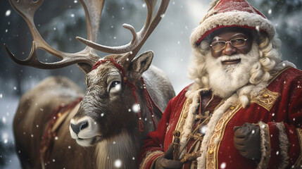 Obraz premium A magical photo of Black American Santa Claus posing with reindeer, ready to embark on his journey to deliver presents all around the world