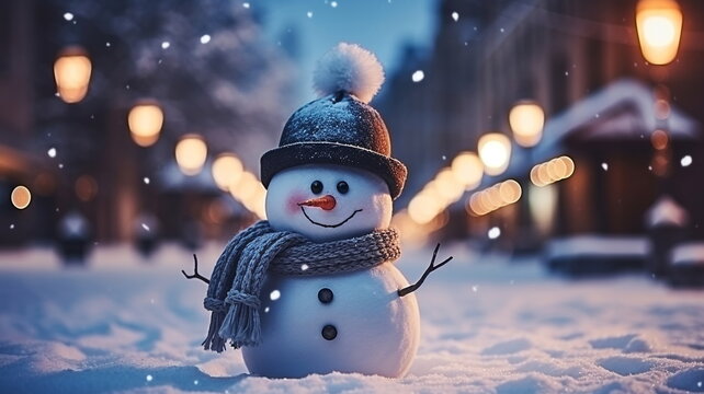 Phone In Man Hand Making Photo Of Festive Colorful Christmas Tree And Snowman In Winter Snowy City  In Town Hall Square 