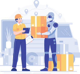 Warehouse worker with robot and delivery man. Delivery service concept style. Robots with e-commerce. For shipping, modern technology, artificial intelligence technology concept.