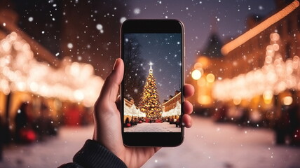phone in man hand making photo of festive colorful Christmas tree and snowman in winter snowy city  in town hall square 