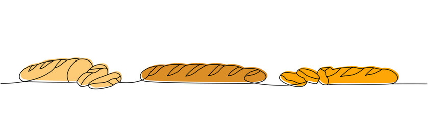 Set of sliced baguette one line colored continuous drawing. Whole grain and wheat bread, ciabatta, french baguette continuous one line illustration.