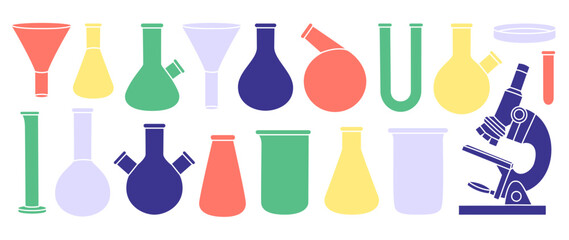 Laboratory glass equipment. Laboratory glasses for chemistry experiments. Conical flask, glass beaker, round bottom flask, filter funnel, microscope.