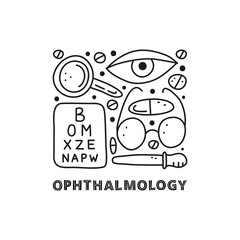 Obraz premium Group of doodle outline ophthalmology icons.