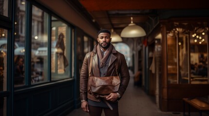 Fototapeta na wymiar Black man with brown leather messenger bag