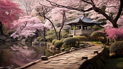 a tranquil Japanese garden with a path winding through it, surrounded by lush plants and trees, with a tranquil body of water in the foreground and a gazebo in the 