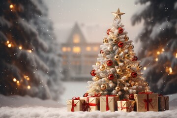 Christmas tree with decorations and gift boxes holiday background merry christmas and happy new year