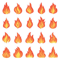 Flat Vector Fire Flame Icon Set. Campfire Shape Sign, Isolated. Bonfire Collection. Vector Illustration