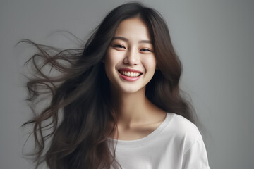 Fototapeta premium Headshot of girl with a long hair and little natural curly hairstyle wearing tshirt isolated on white grey background. Beauty girl with long and shiny wavy Hair. Generative AI.