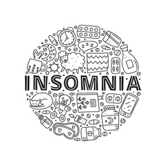 Doodle outline insomnia and bed time icons in circle.