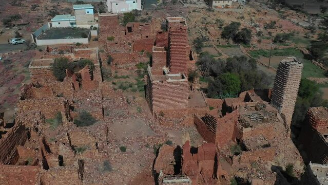 Aerial view of red stone and mud houses Sarat Abidah  Saudi Arabia