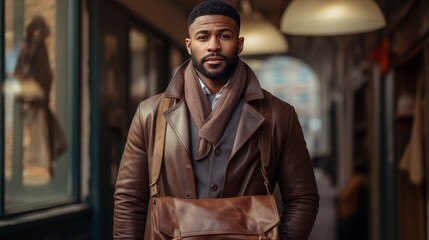 Closeup of black man with brown leather messenger bag - obrazy, fototapety, plakaty