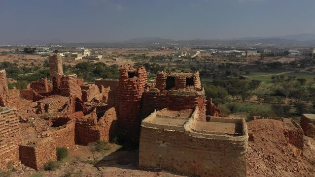 Aerial view of red stone and mud houses Sarat Abidah  Saudi Arabia