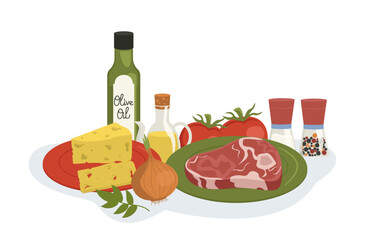 Set of food ingredients for cooking dishes with meat and vegetables. Vector graphic.