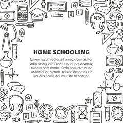 Poster with lettering and doodle education, e-learning icons.