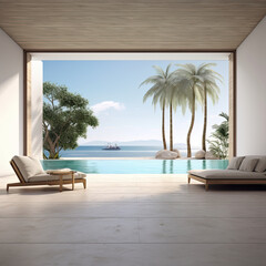 AI Generative, Sea view empty large living room of luxury summer beach house with swimming pool near terrace. Big white wall background in vacation home or holiday villa. 3D Rendering